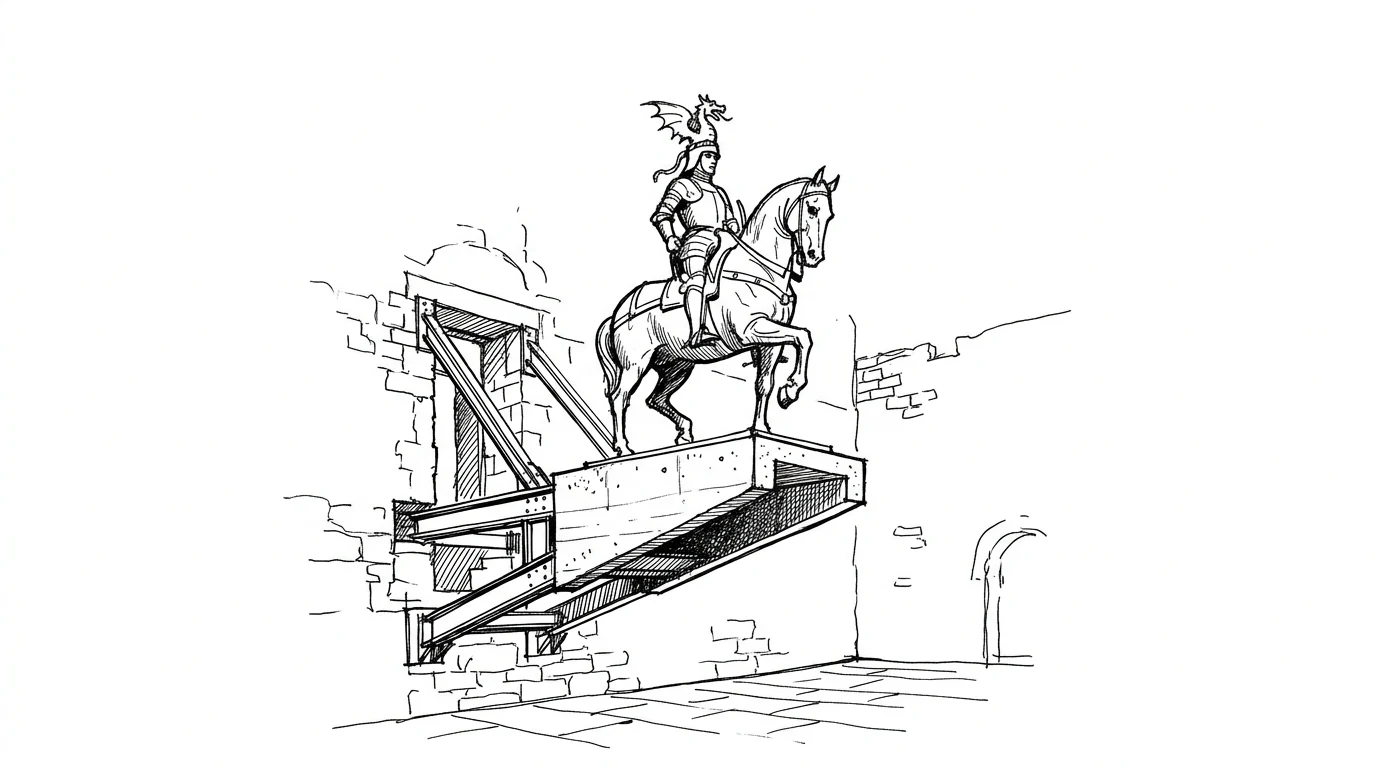 La statua equestre di Cangrande al Castelvecchio di Verona, sospesa sulla piattaforma a sbalzo di Carlo Scarpa