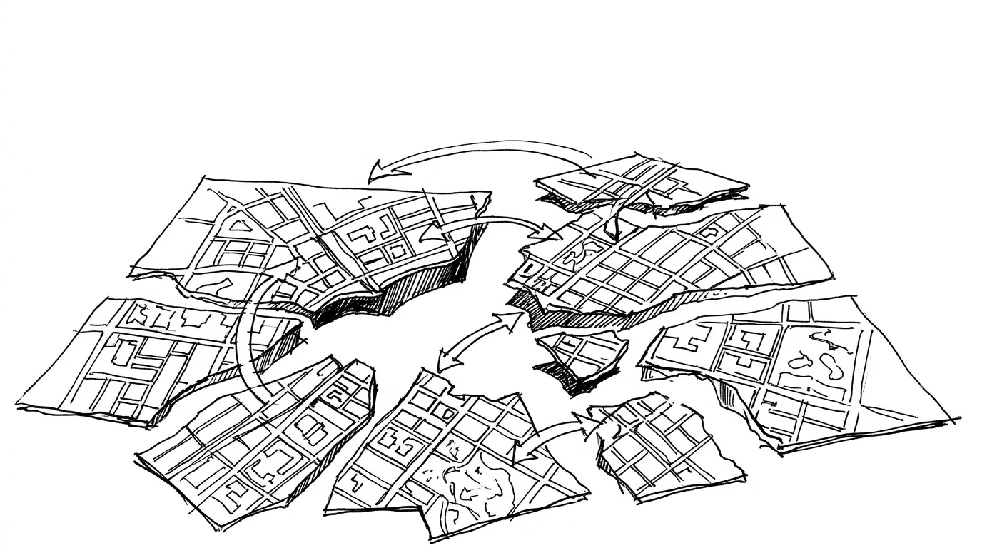 Una mappa cittadina ritagliata e riassemblata, con frecce che collegano i frammenti