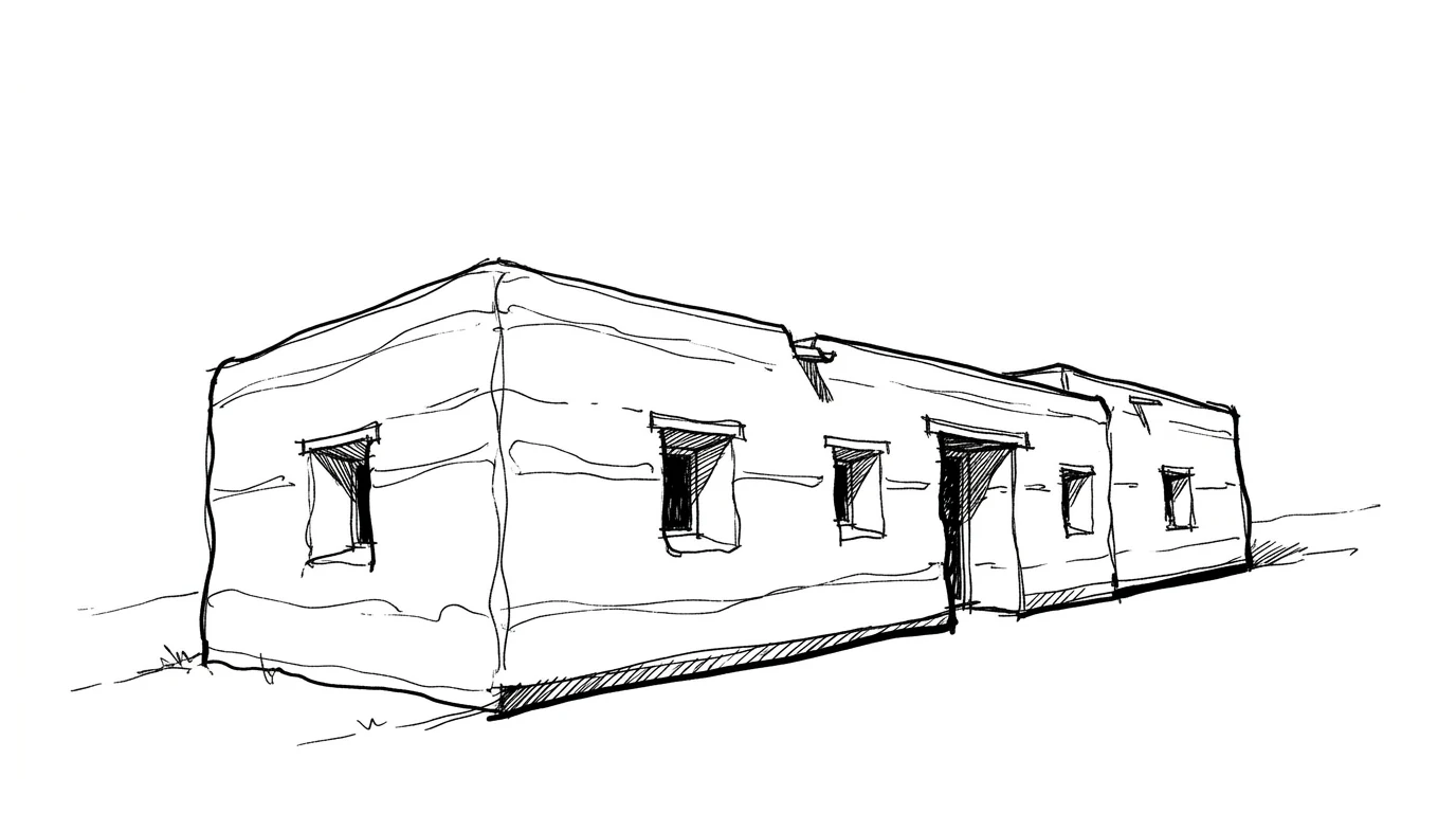 A traditional rammed-earth house with thick walls and small deep-set windows under strong sun