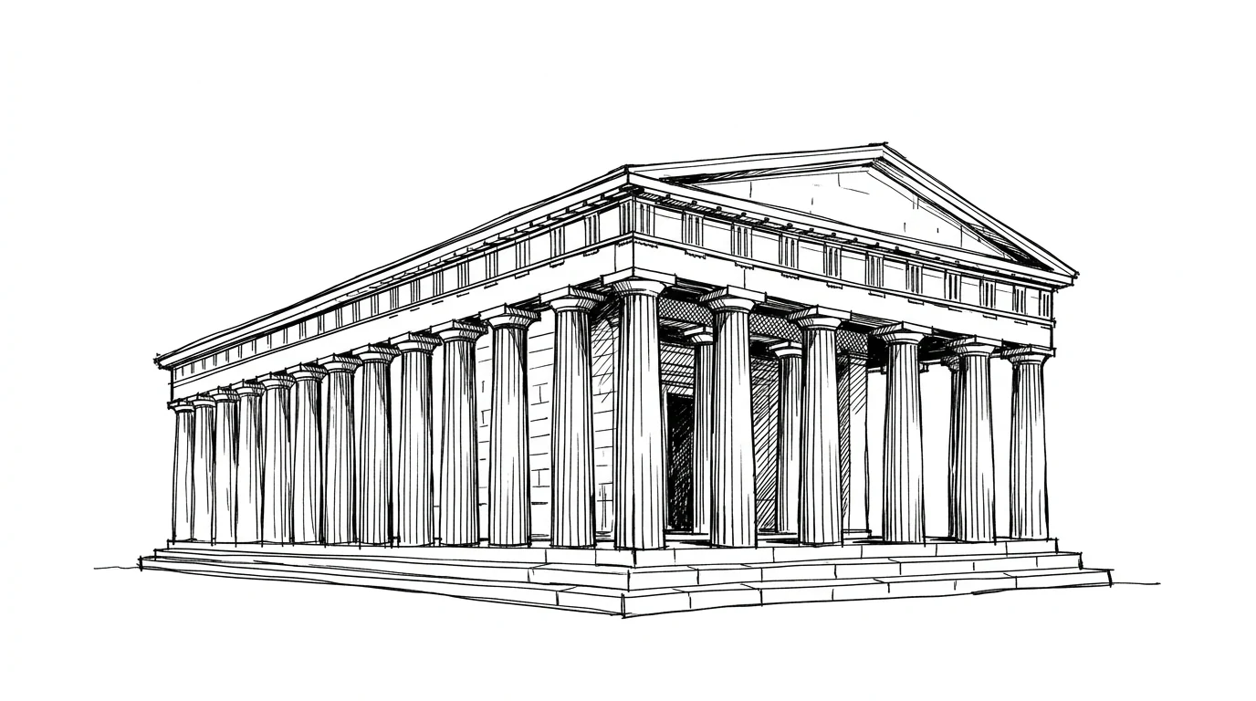 Un tempio dorico greco ben conservato, vista di tre quarti sul peristilio