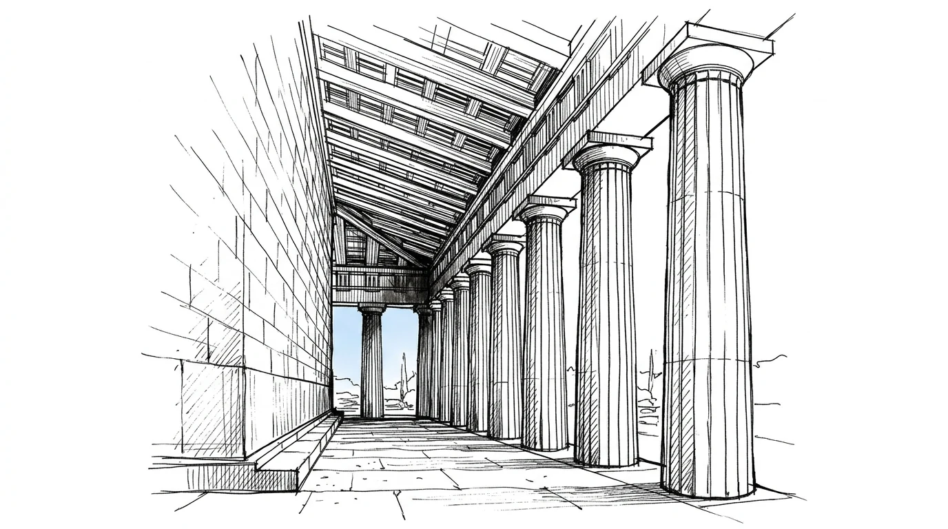 Vista interna del peristilio di un tempio greco, il colonnato visto in prospettiva accanto al muro della cella