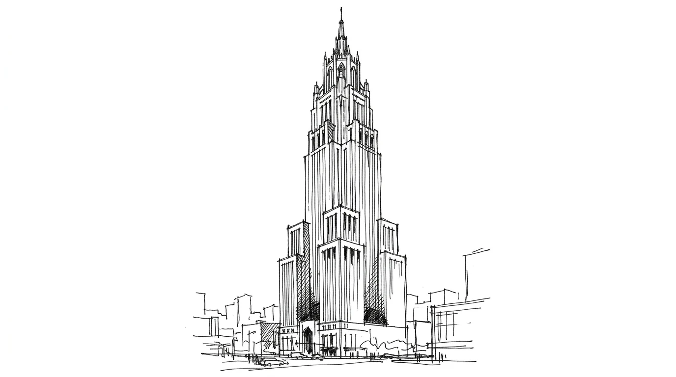 A neo-Gothic Stalinist skyscraper with an ornate spire, one of Moscow's Seven Sisters