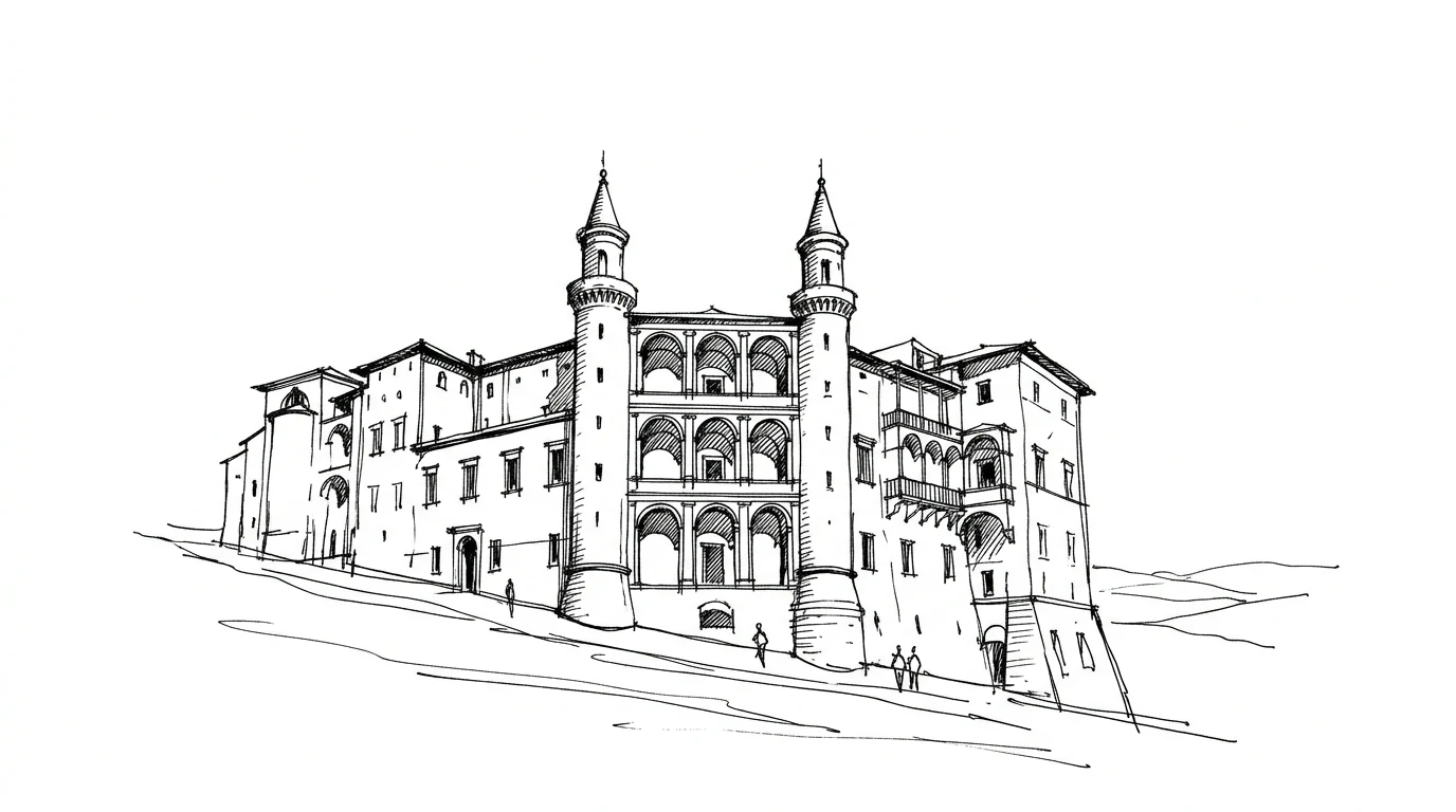 La facciata dei Torricini del Palazzo Ducale di Urbino, con le due torri cilindriche e le logge sovrapposte viste dal lato della valle