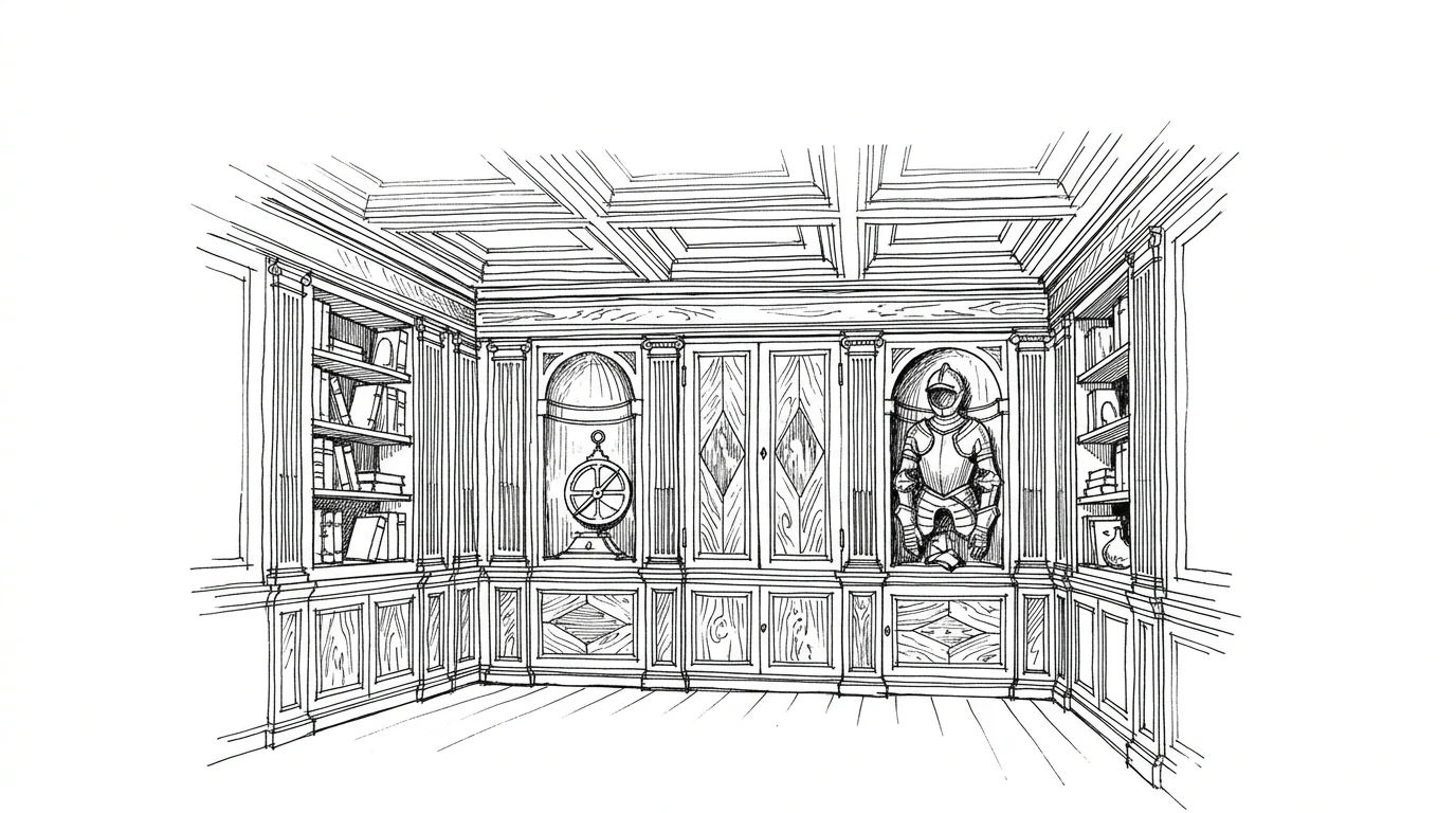 Le tarsie lignee dello studiolo di Federico da Montefeltro nel Palazzo Ducale di Urbino, con scaffali, strumenti e armature disegnati in prospettiva nell'intarsio