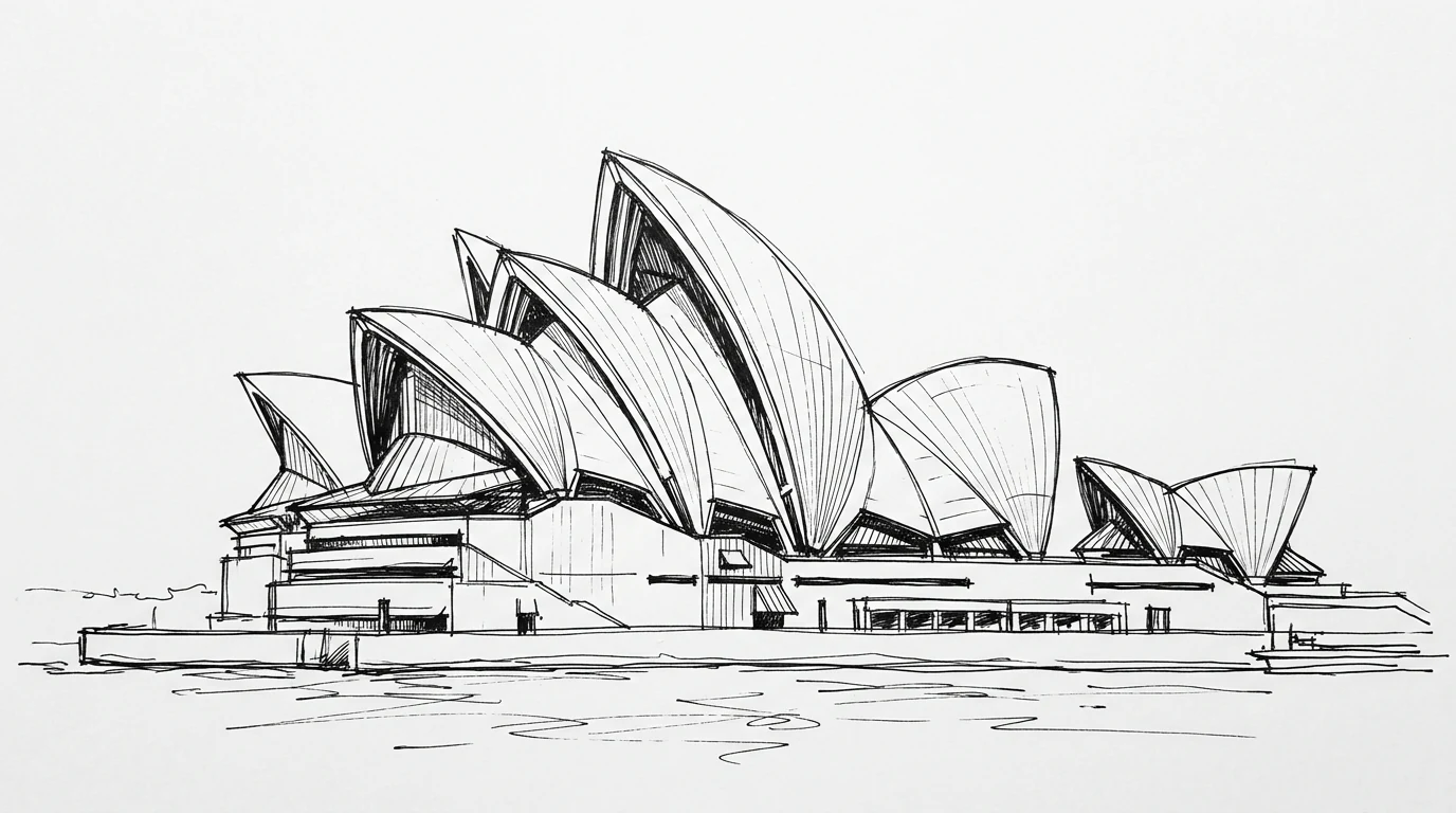 I gusci bianchi dell'Opera di Sydney di Jørn Utzon, tutti porzioni della stessa sfera, accanto all'acqua del porto