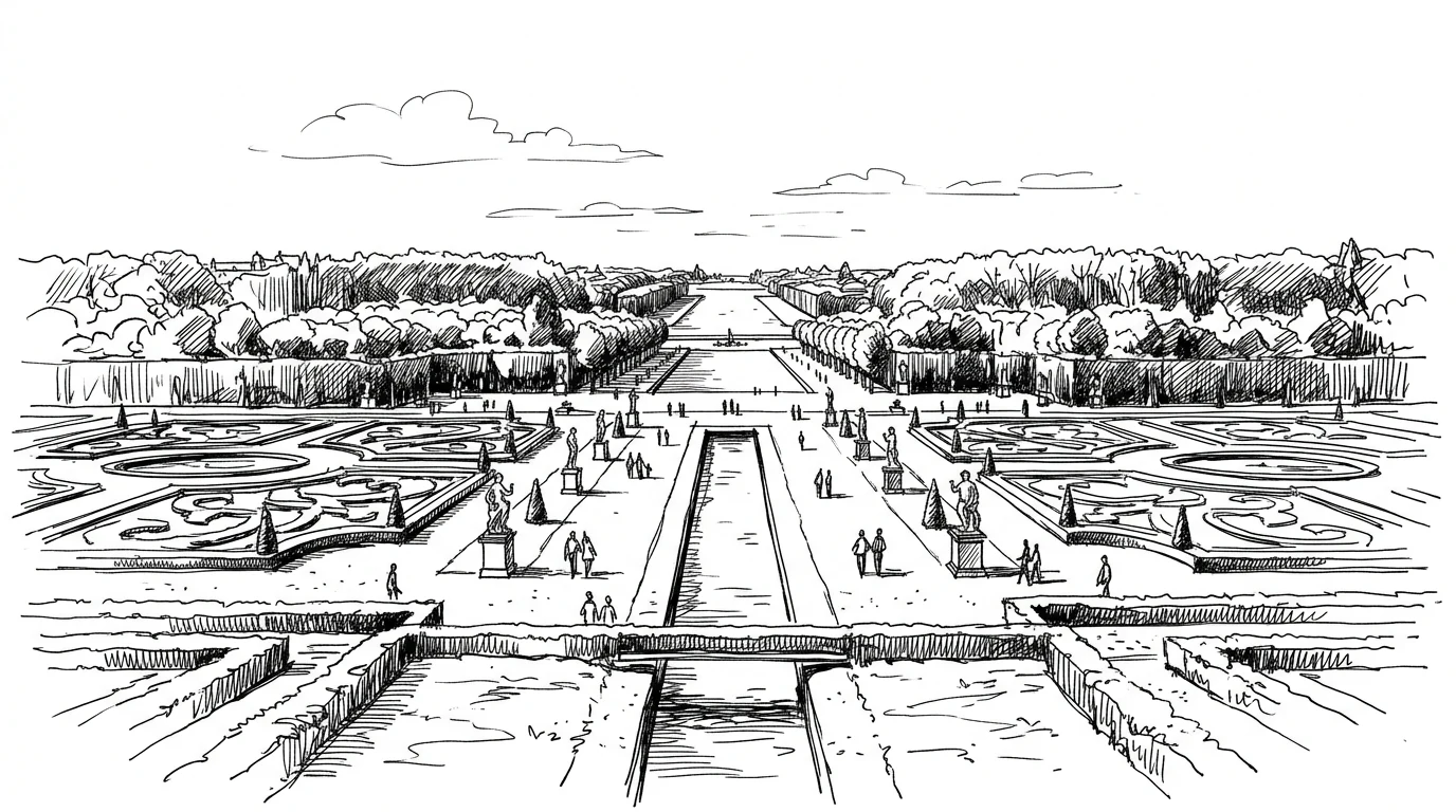 L'asse centrale del giardino di Versailles che si perde all'orizzonte tra parterre geometrici