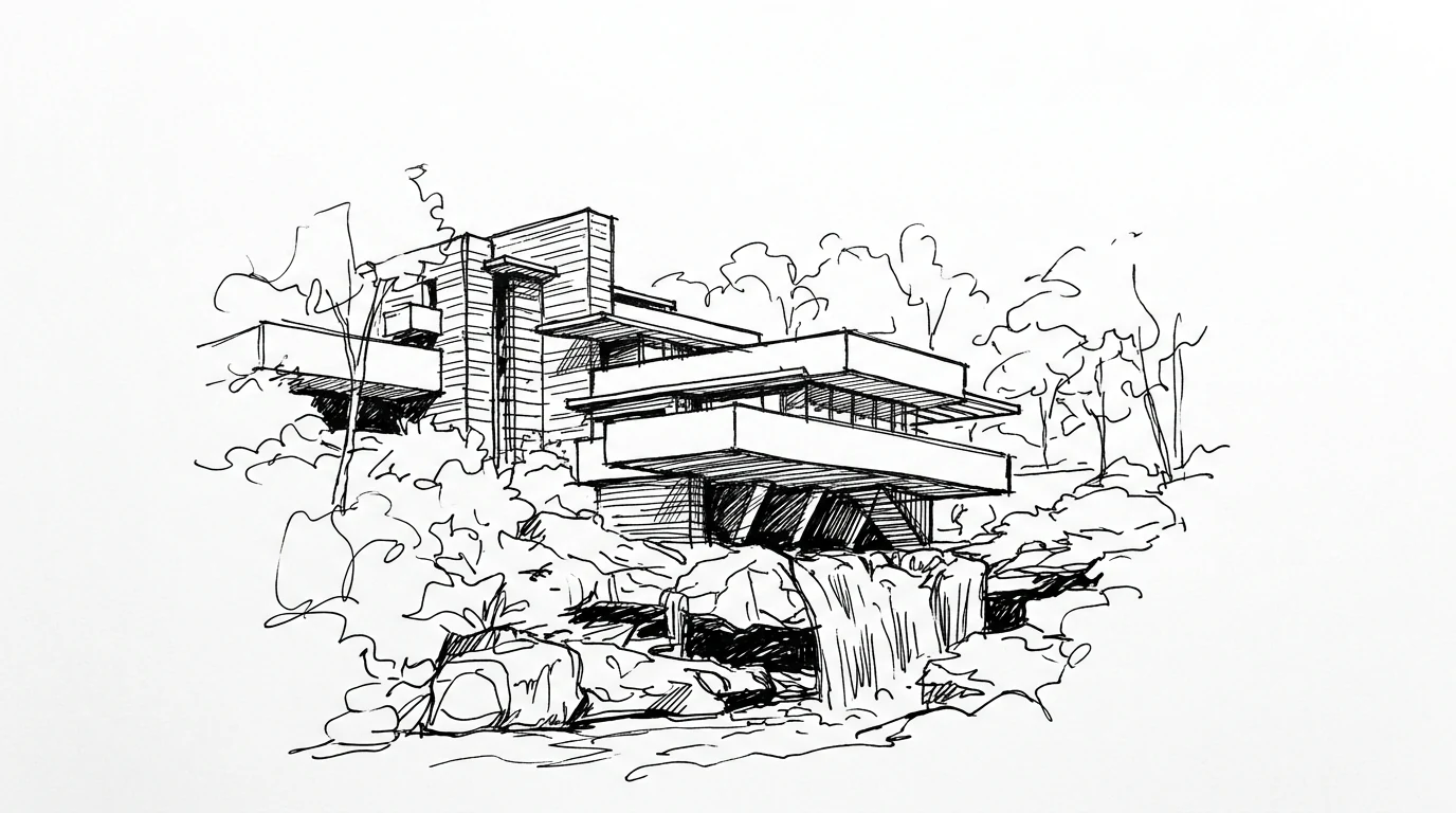 Fallingwater di Frank Lloyd Wright, terrazze di cemento a sbalzo sospese sopra la cascata di Bear Run in Pennsylvania