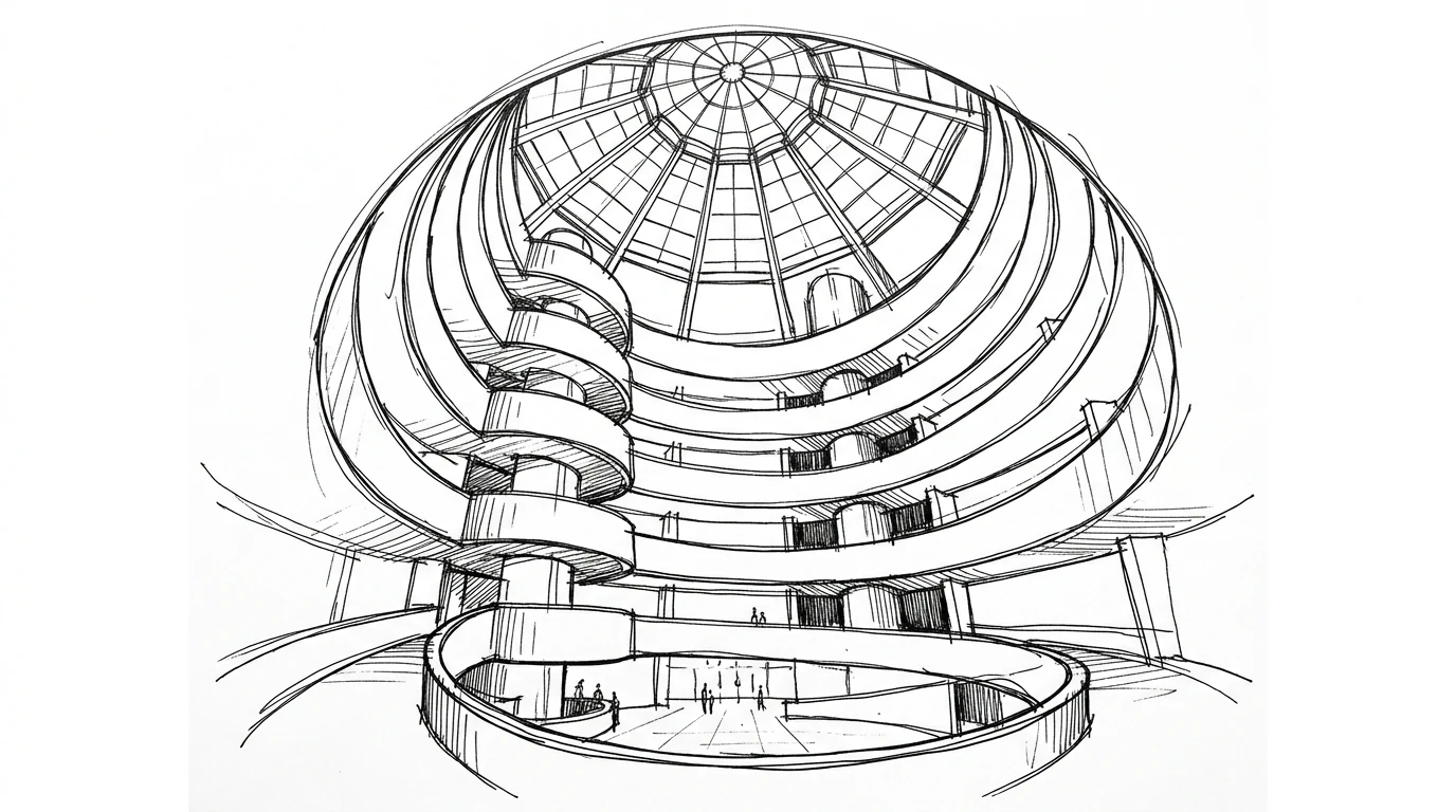 La rampa a spirale interna del Guggenheim Museum di New York, vista dal basso verso l'oculus di vetro in cima