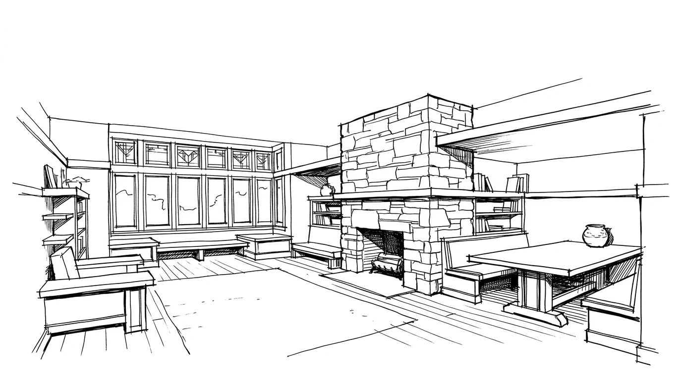 Il soggiorno aperto di una Prairie House di Frank Lloyd Wright, con il camino centrale massiccio come nucleo strutturale della casa