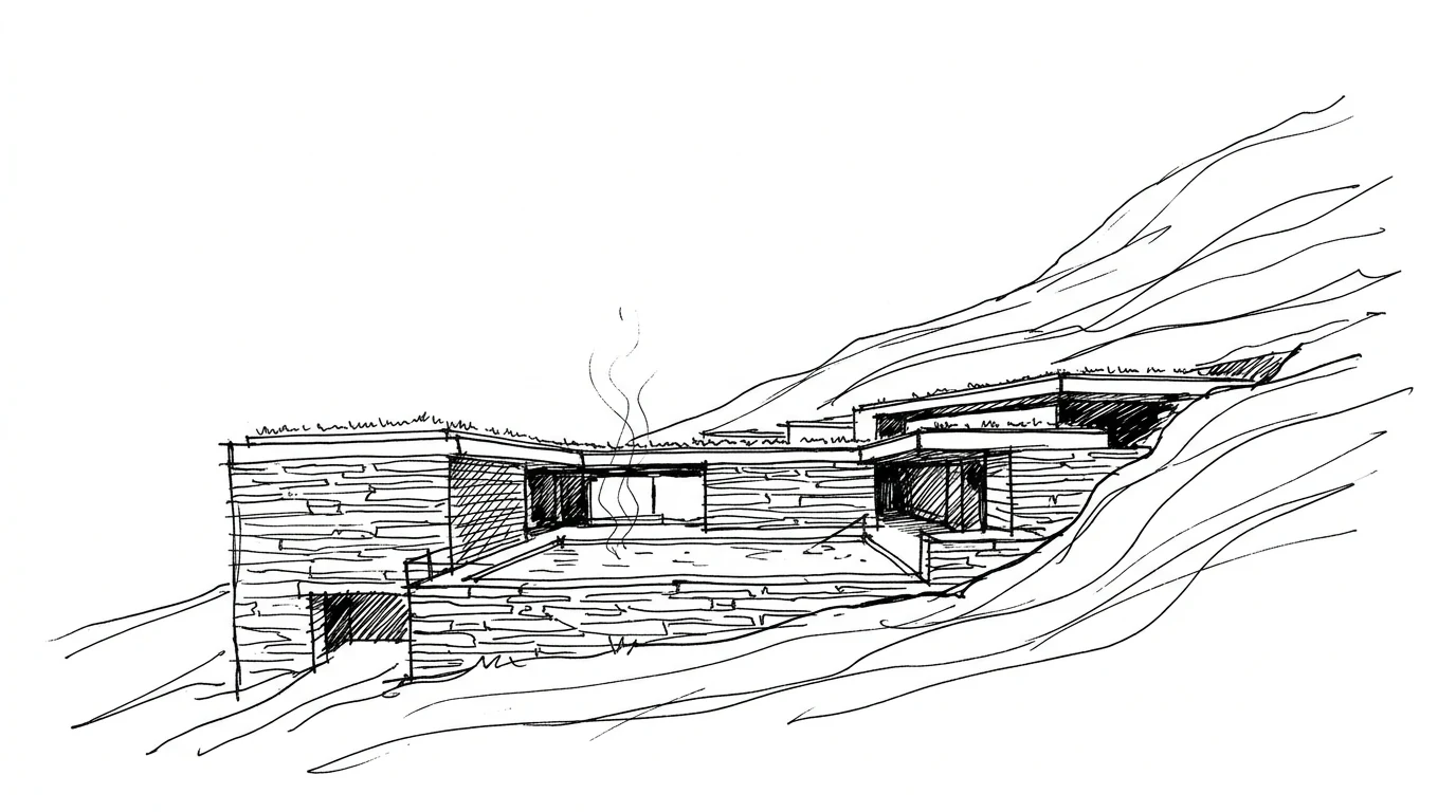Le Terme di Vals di Peter Zumthor, il tetto erboso che si fonde con la collina e la quarzite locale delle vasche
