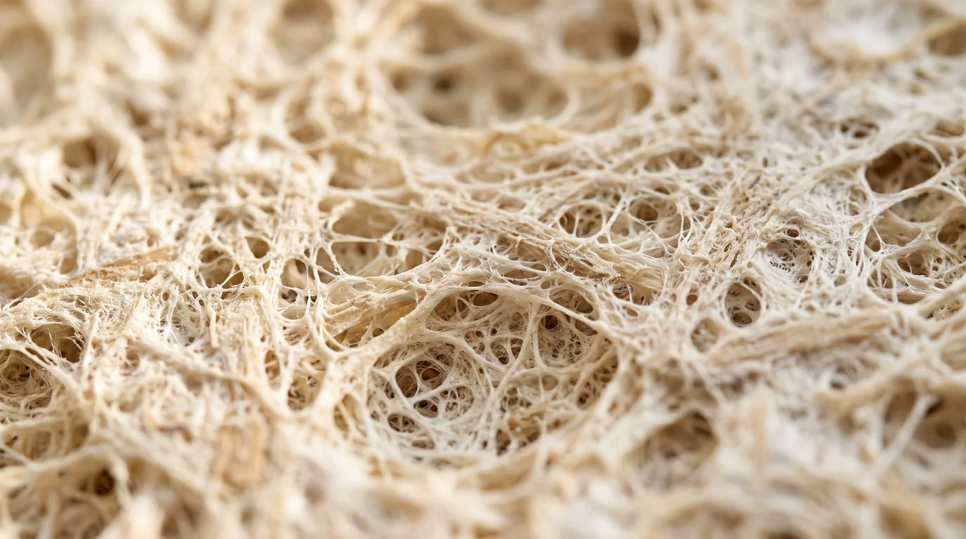 Macro-fotografia di un biocomposito a base di micelio, texture fibrosa e organica